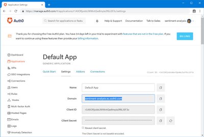 图 2. Auth0 管理门户中的默认应用程序